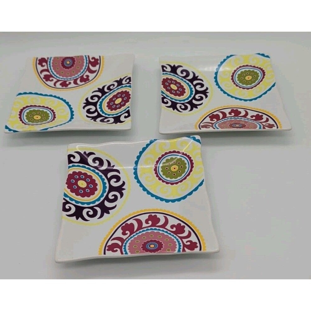 222 Fifth Bright Suzani Square Bread Plates Appetizers Medallion Set Of 3